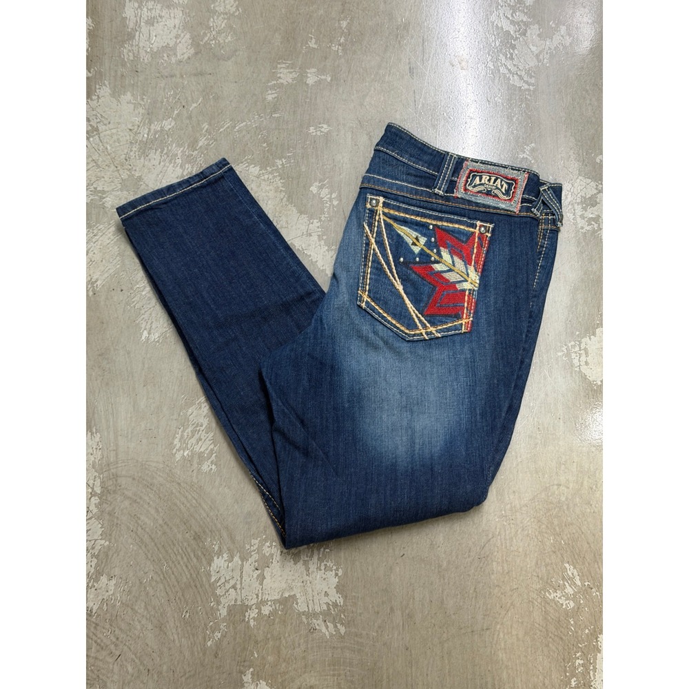 Ariat Pendleton Jeans Women 34R Dark Wash Excellent Embroidered Arrow Straight